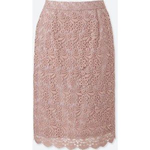 NWOT UNIQLO XS 0 Lace Pencil Skirt in Blush Pink, Fully Lined, Zipper